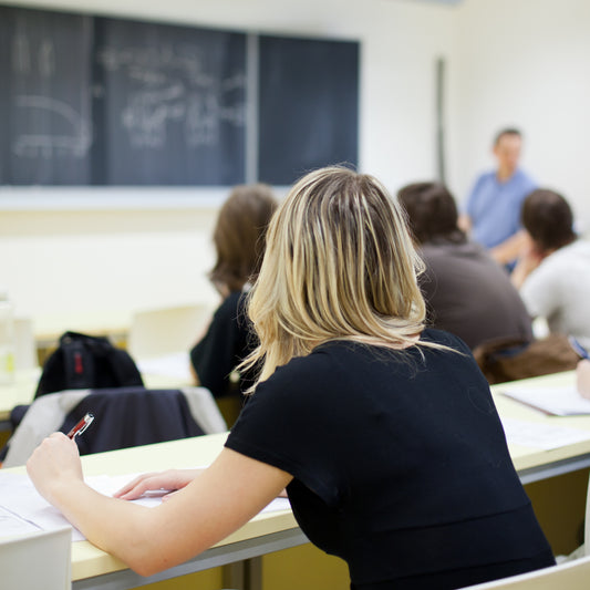 The rear view of a student looking at a chalkboard