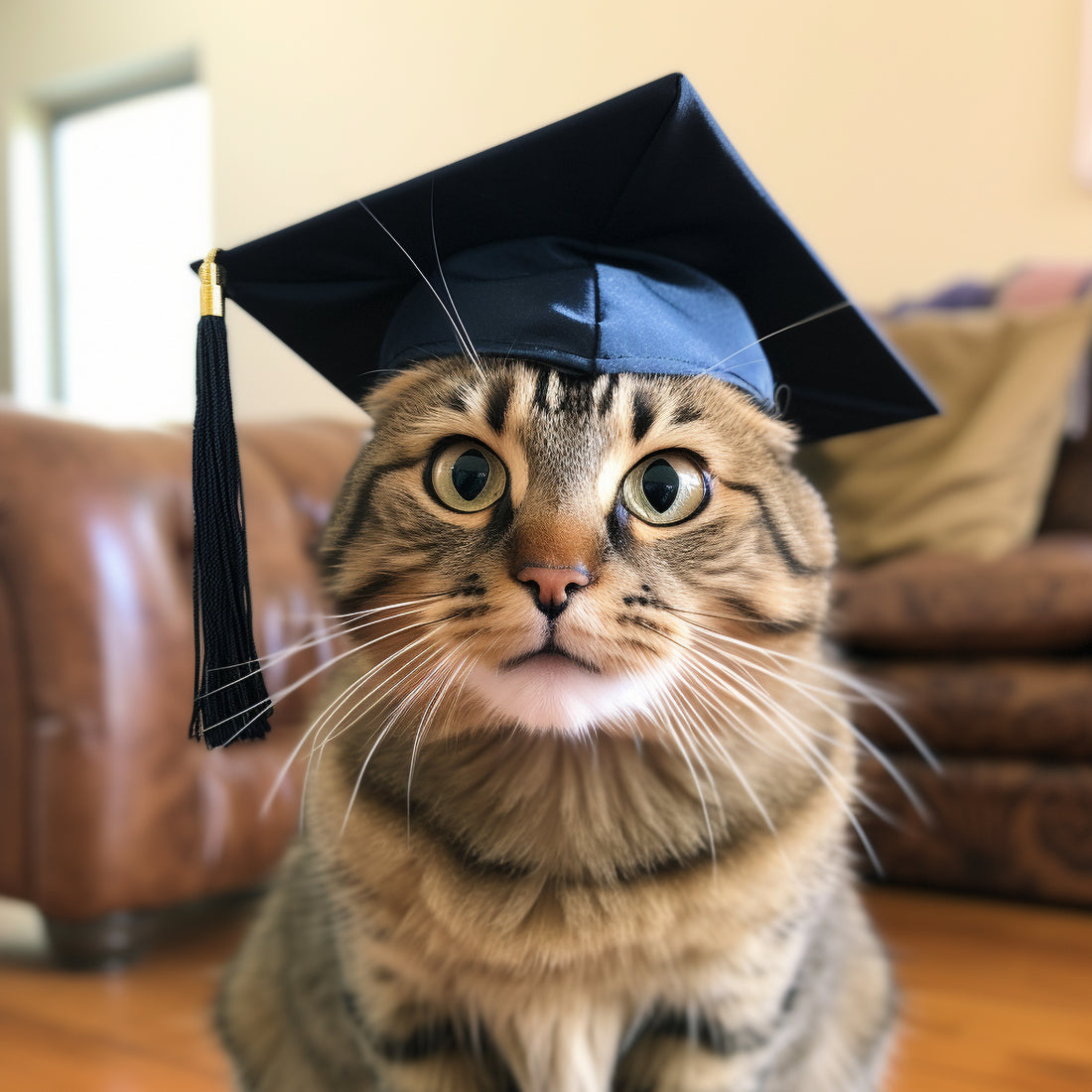 A cat with a black graduation cap and tassel
